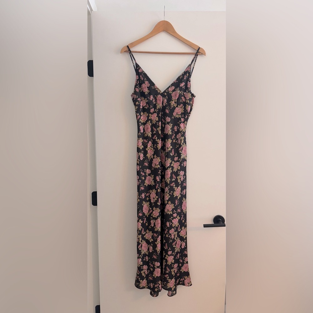 Zara Black Lingerie Inspired Maxi Dress with Pink Rose Print